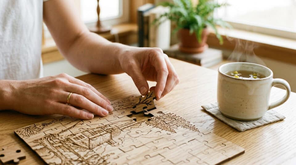 Person assembling a wooden puzzle at a cozy table with a steaming cup of tea, promoting relaxation and stress relief without alcohol.