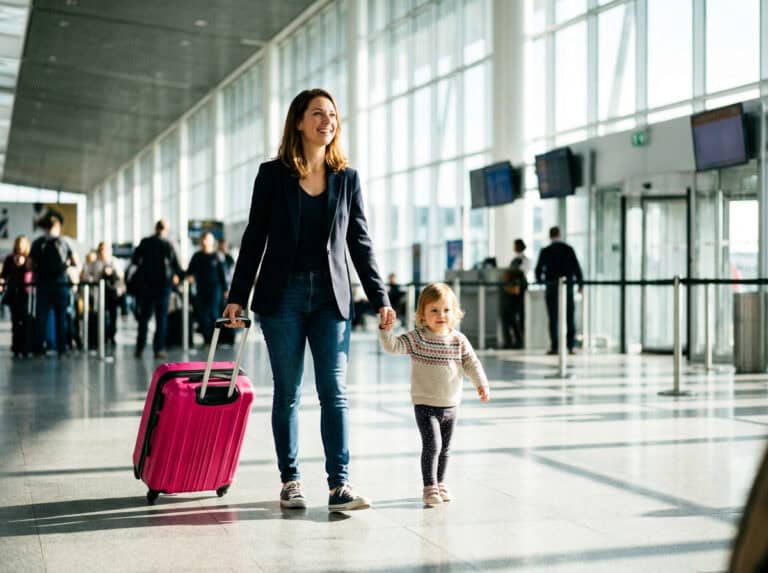 Woman and young girl walking through airport terminal with pink suitcase, demonstrating travel tips for parents managing children during airport journeys.