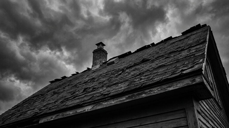 Weathered wooden house roof with chimney against stormy, cloud-filled sky, showcasing rustic architecture and atmospheric mood.