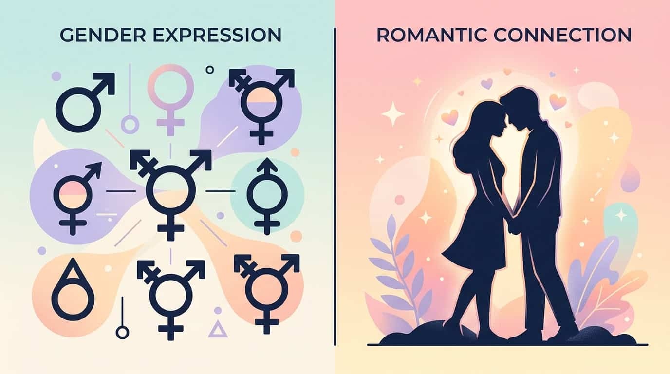 Illustration depicting gender expression symbols on the left and a romantic couple holding hands on the right, emphasizing themes of gender identity and romantic relationships.