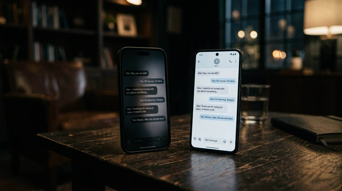 Two smartphones displaying chat conversations on a wooden table in a cozy, dimly lit living room with bookshelves and warm lighting in the background.