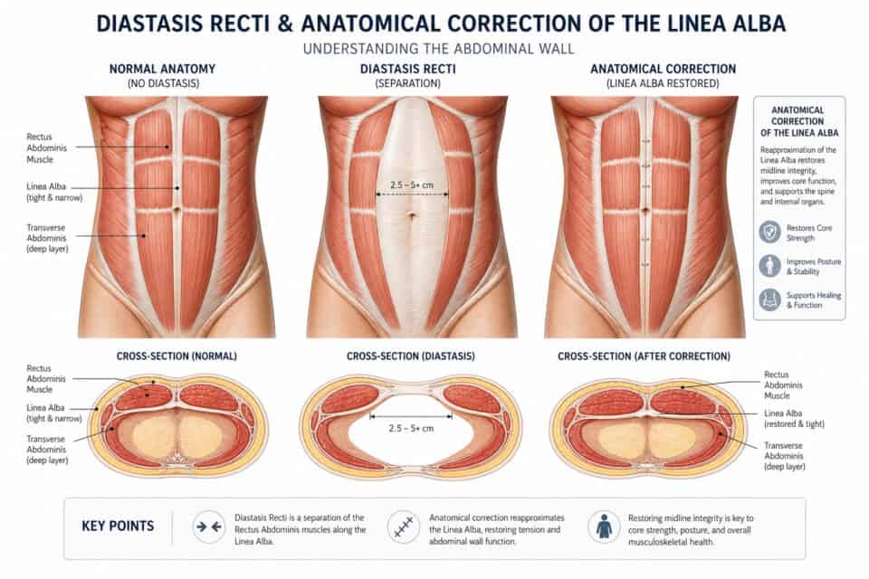 Detailed medical illustration showing diastasis recti, abdominal muscles, and surgical correction of linea alba separation for improved core stability.
