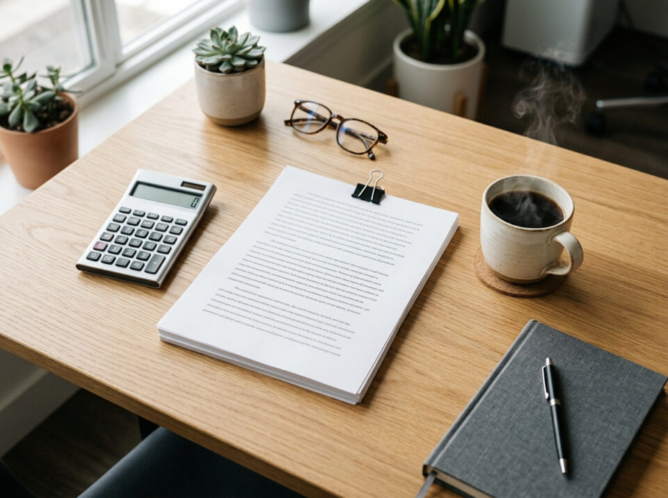 Desk with a calculator, glasses, steaming coffee, and a document, illustrating the process of formatting a manuscript for Kindle publishing.