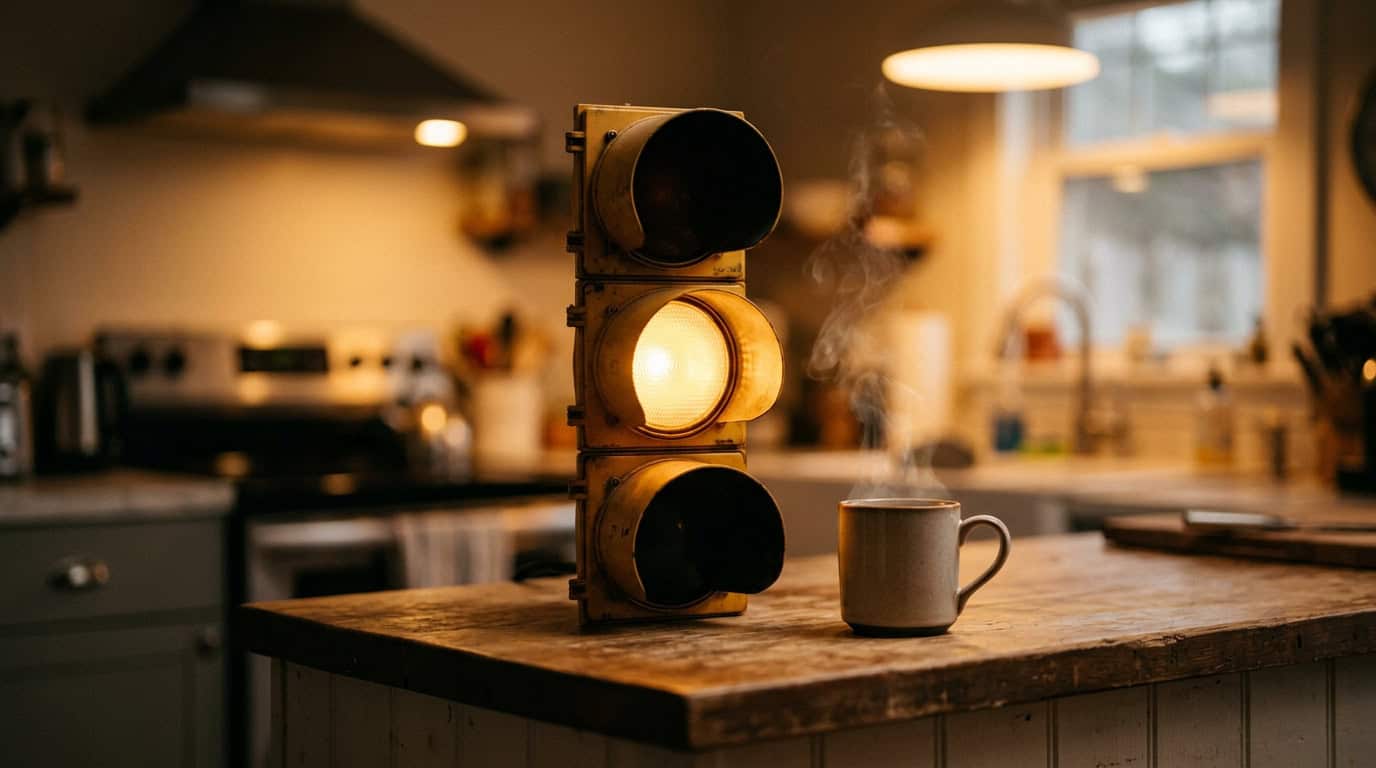 Close-up of a traffic light with yellow illuminated, placed on a kitchen counter next to a coffee mug, with a cozy kitchen background featuring warm lighting and modern appliances.