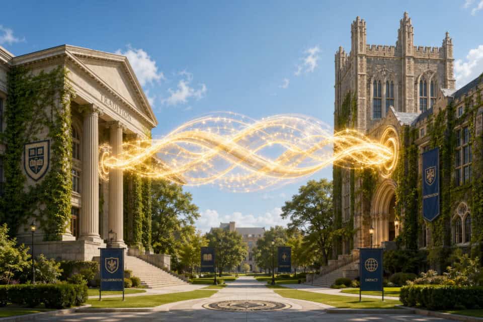 University campus featuring historic architecture with a glowing, swirling energy wave connecting the buildings, symbolizing innovation and knowledge transfer.