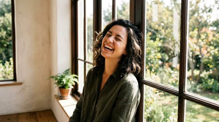 Happy woman laughing and relaxing by a large window with sunlight streaming in, enjoying a carefree moment without alcohol, embracing a relaxed and joyful lifestyle.