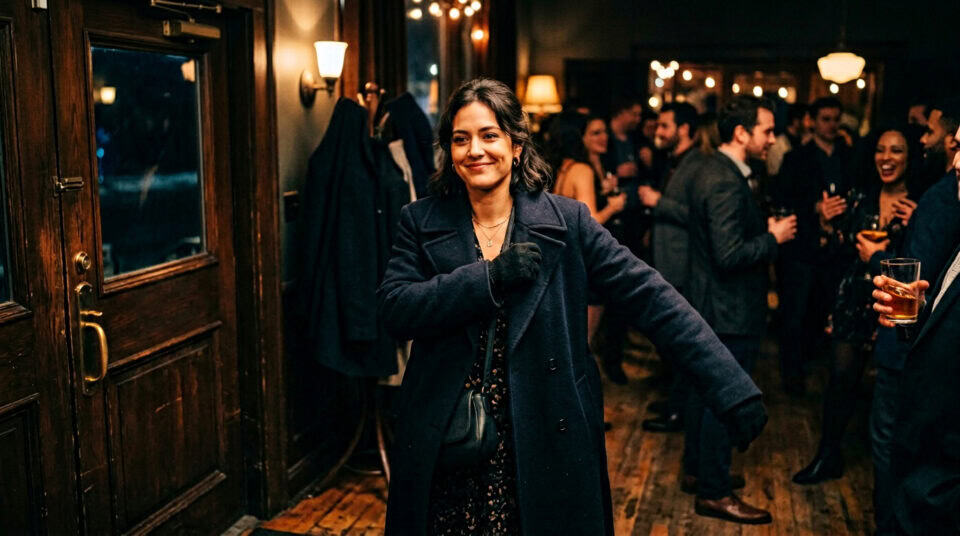 Woman smiling and enjoying herself at a social gathering, demonstrating how to relax and let loose without alcohol in a lively indoor setting.