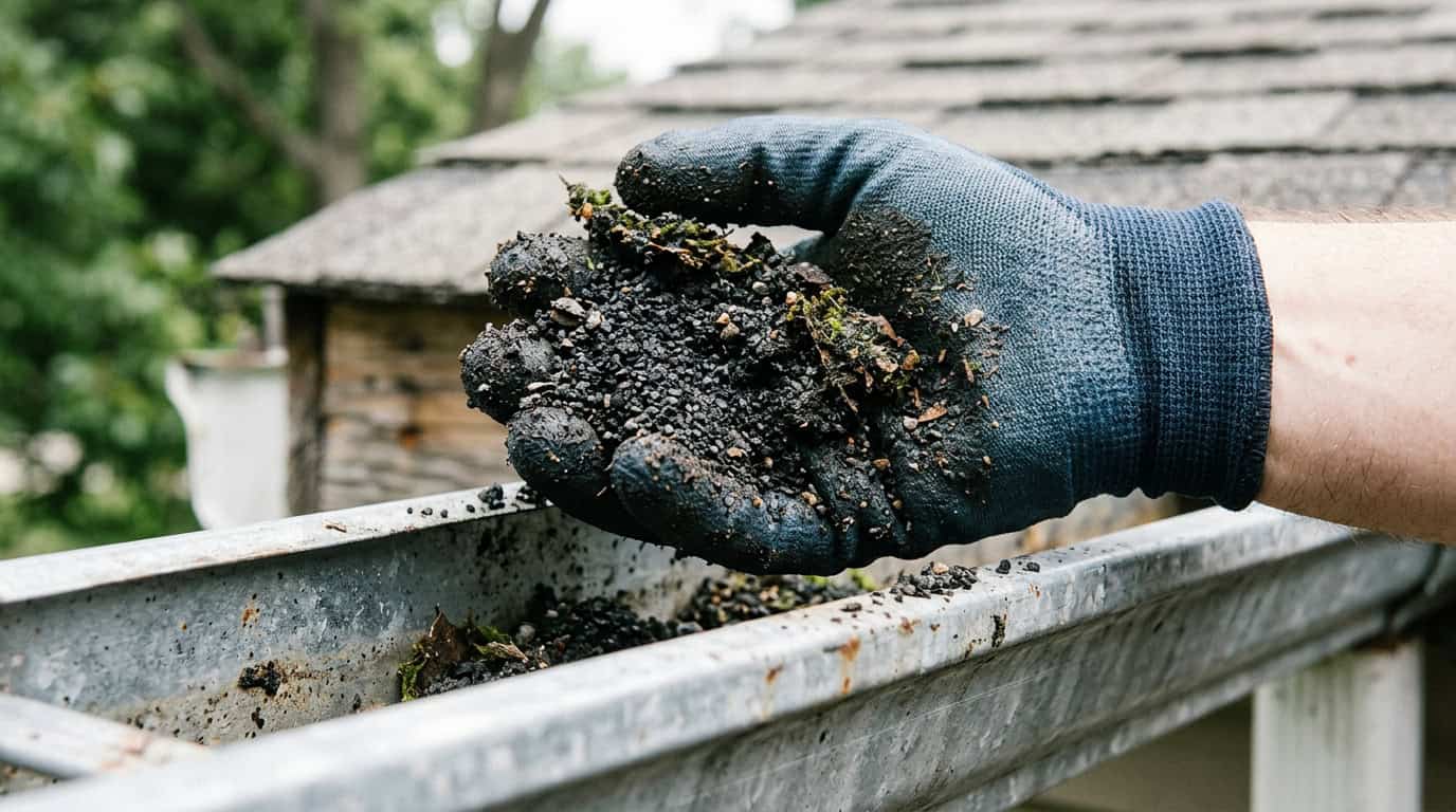 Gutter cleaning with gloved hand removing dirt, moss, and debris from a metal gutter to prevent clogs and water damage.