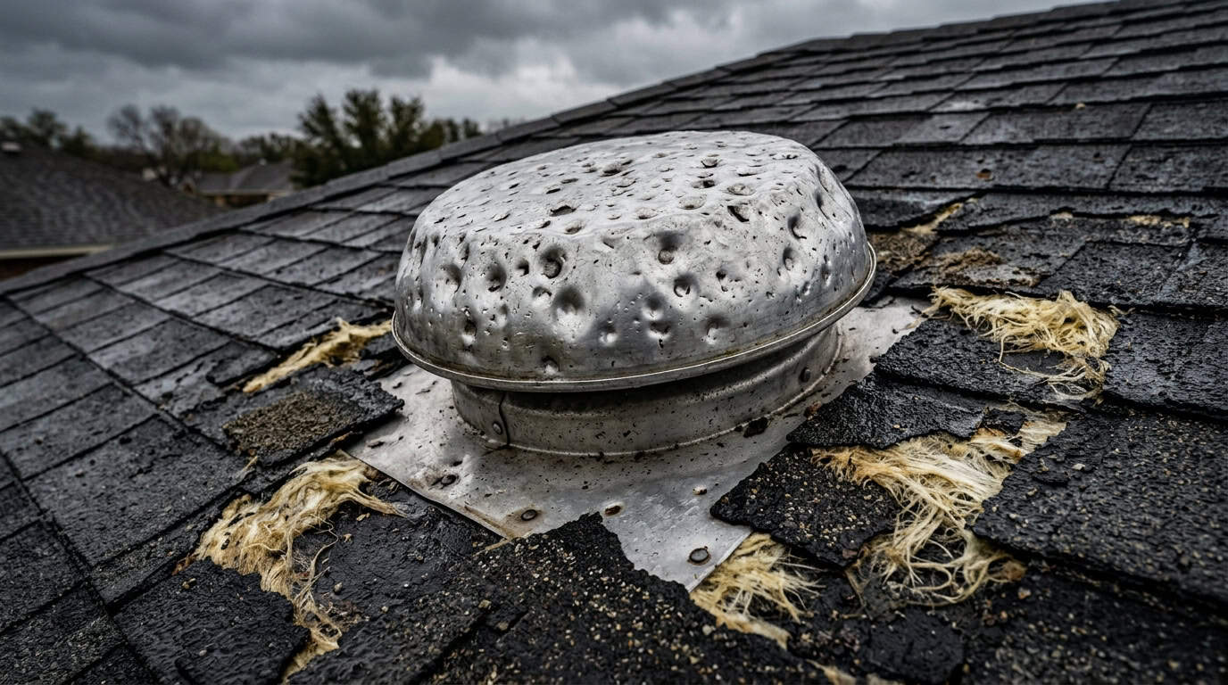 Soft aluminum roof vent exhibiting deep circular hail impact dents amidst damaged roof shingles.