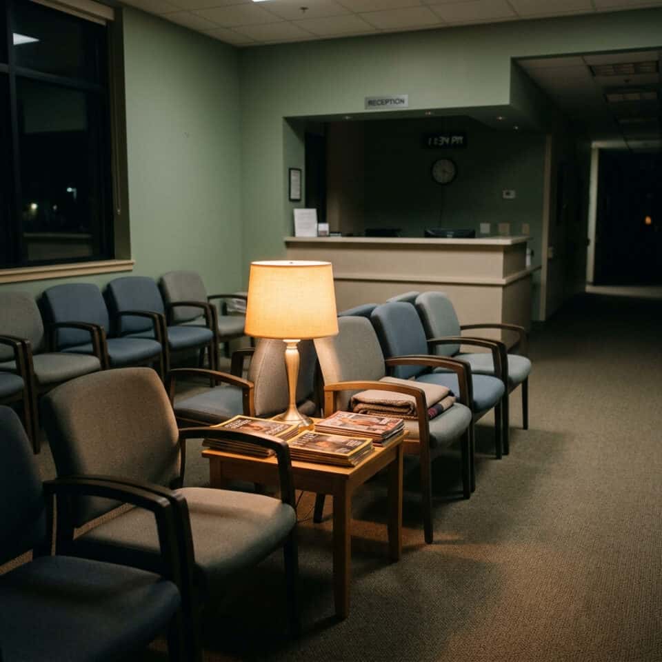 Comfortable waiting room with chairs, a side table, and a lamp in a medical office reception area.