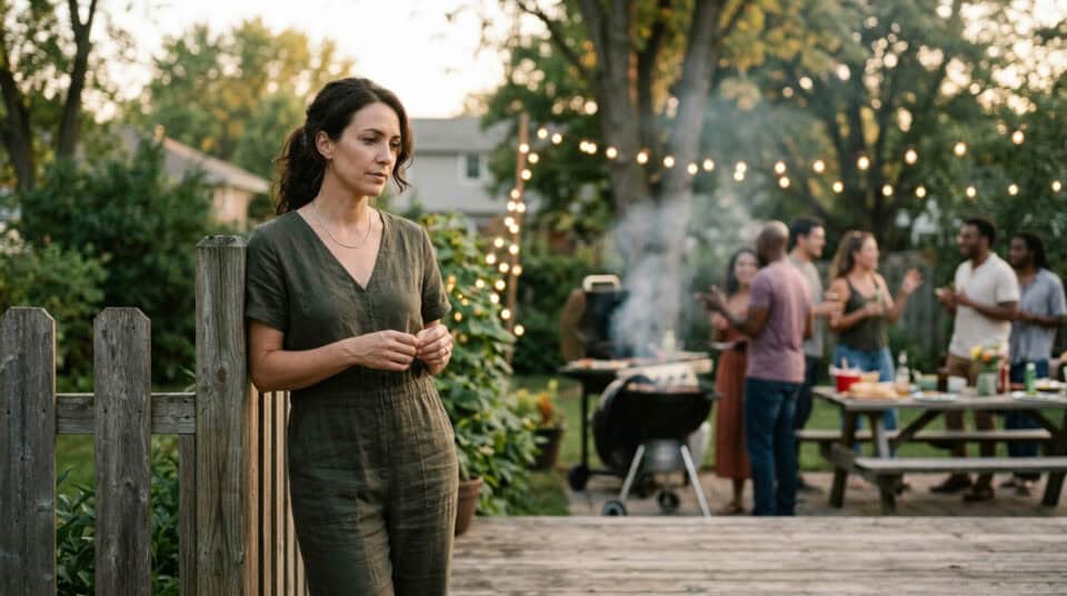 A woman standing alone near a wooden fence at a backyard party, feeling contemplative while friends enjoy grilling and socializing in the background.