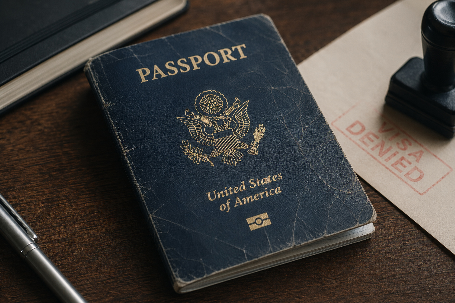Close-up of a worn United States passport on a wooden desk, surrounded by travel documents, a pen, and a stamp, representing travel preparation and international travel tips.