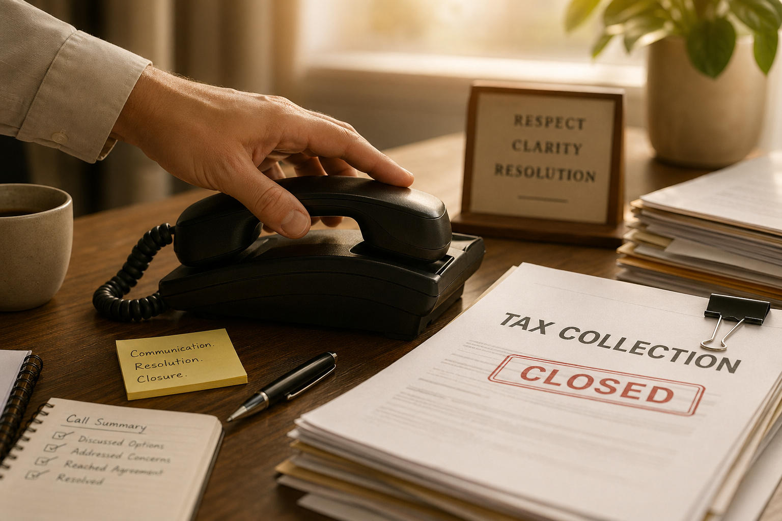 Close-up of a hand pressing a telephone button at a desk with tax documents, a "Tax Collection Closed" sign, and motivational quote about respect, clarity, and resolution.