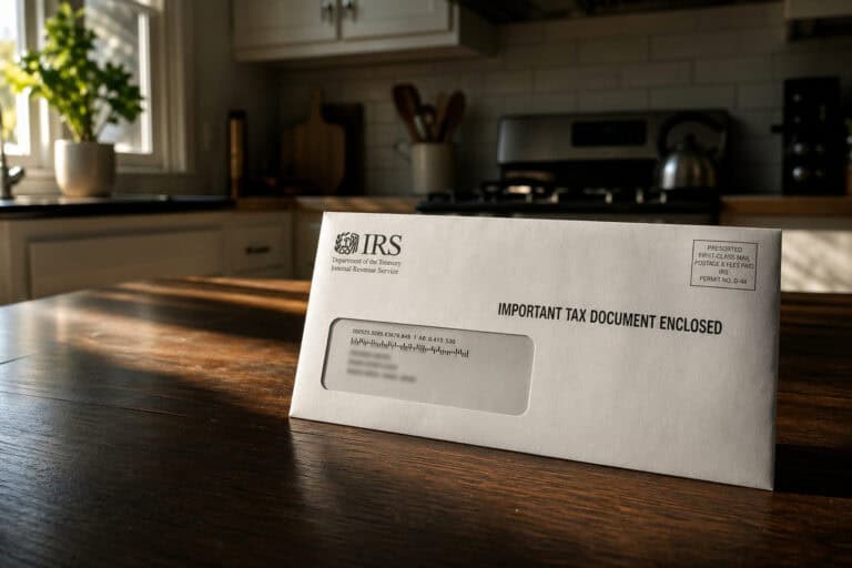 Enclosed IRS tax document on a wooden kitchen counter with a modern kitchen background, highlighting important tax paperwork for personal finance and tax season preparation.