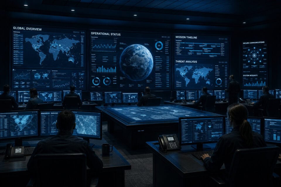 High-tech command center with operators monitoring world maps, satellite data, and operational status for space missions and cybersecurity.