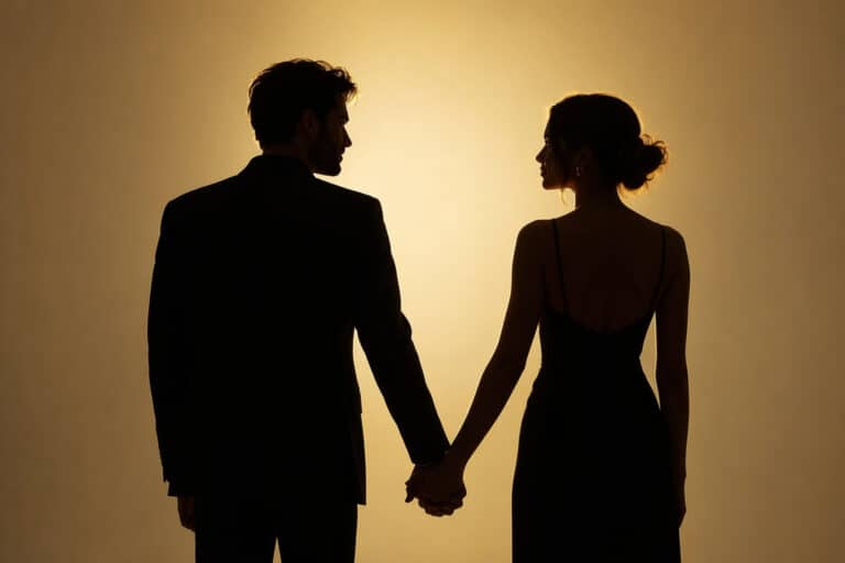 Silhouetted couple holding hands during sunset, showcasing love and connection, perfect for romantic or relationship-themed content.