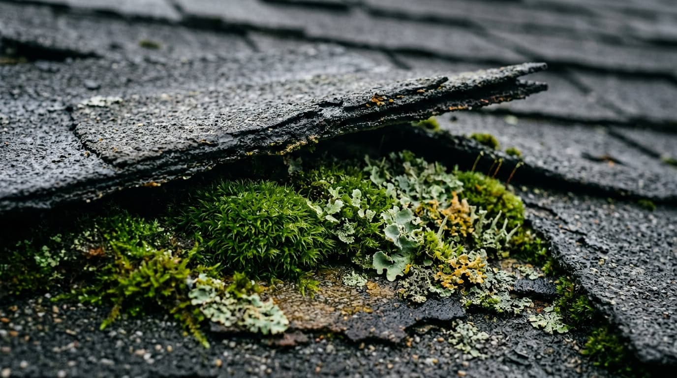 Thick green moss and lichen growing underneath curling asphalt roof shingles causing structural lifting.