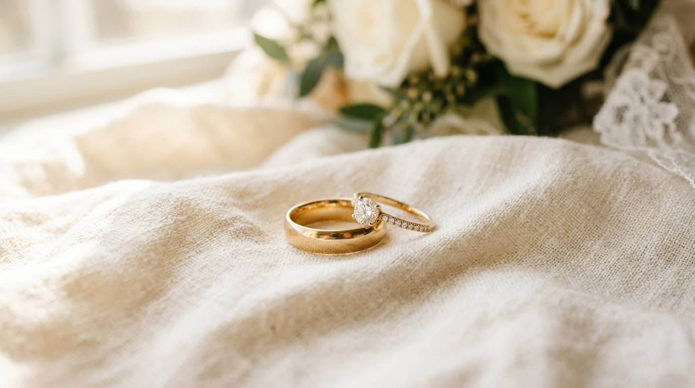 Wedding rings, gold and diamond, on soft fabric with floral background.