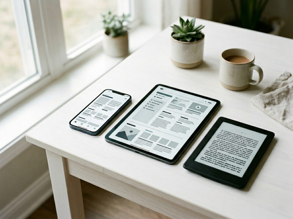 Digital devices on a white desk showing Word-2-Kindle formatting tools for creating professional eBooks, with a plant and coffee cup in a bright, cozy workspace.