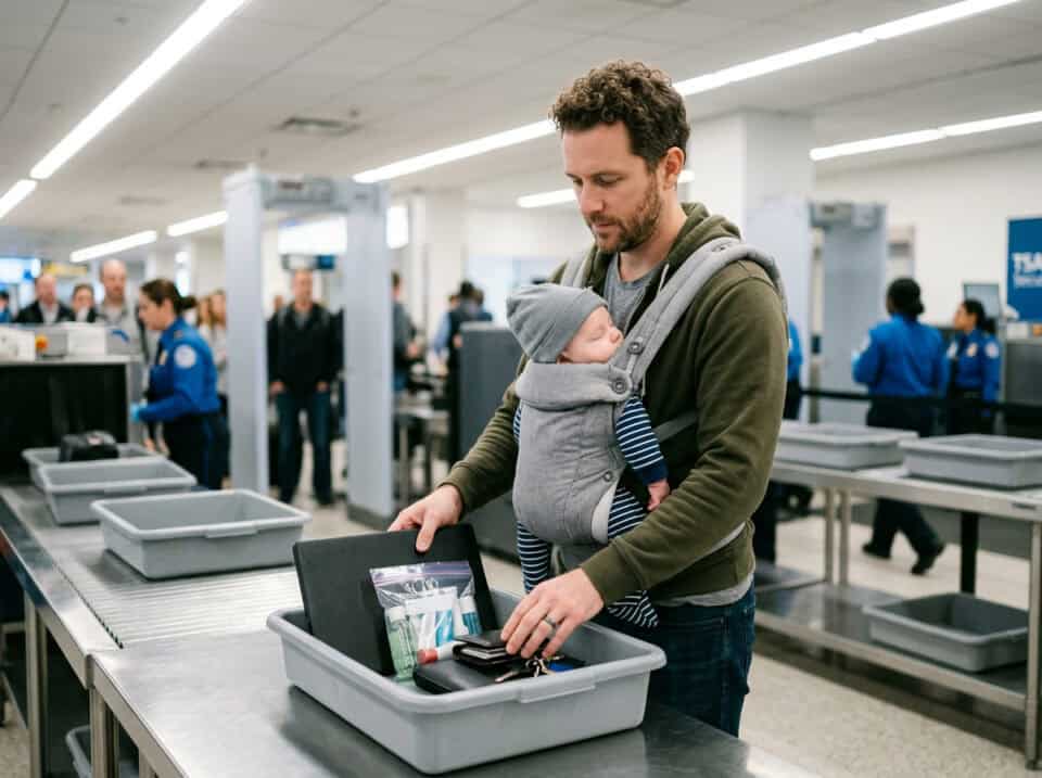 Father with baby in carrier at airport security checkpoint, preparing for travel with children, emphasizing family travel tips and airport safety.