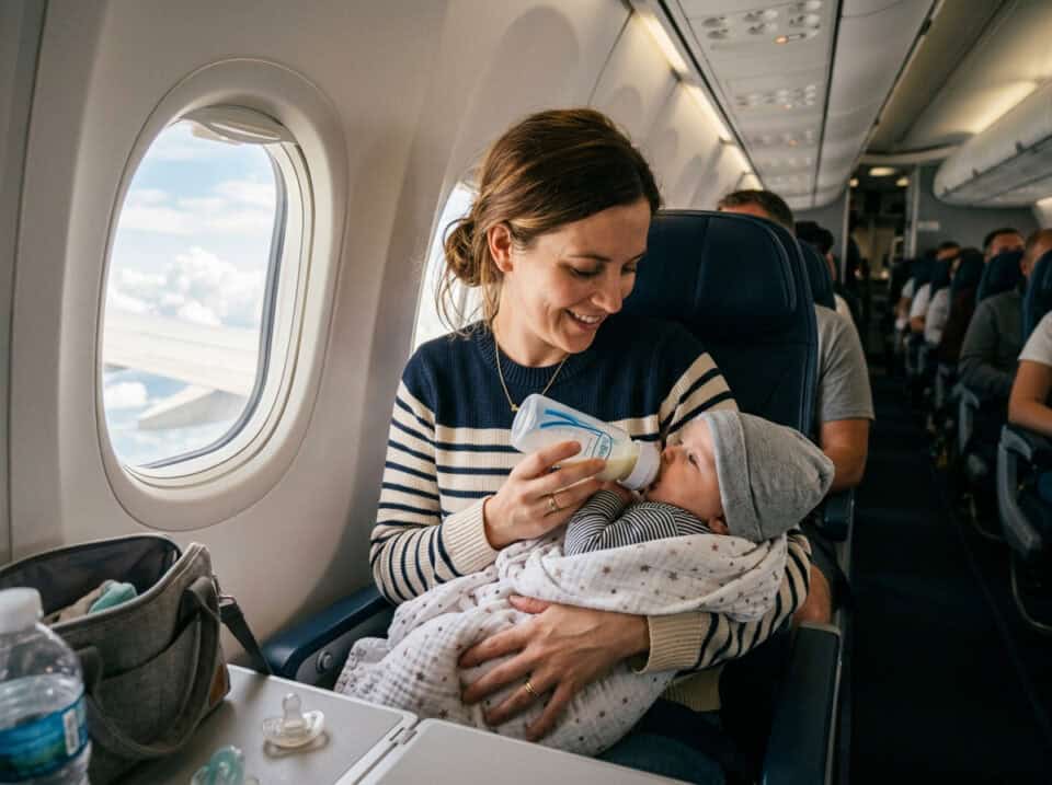 Mom feeding her baby with a bottle during a flight, seated comfortably on an airplane with other passengers in the background.