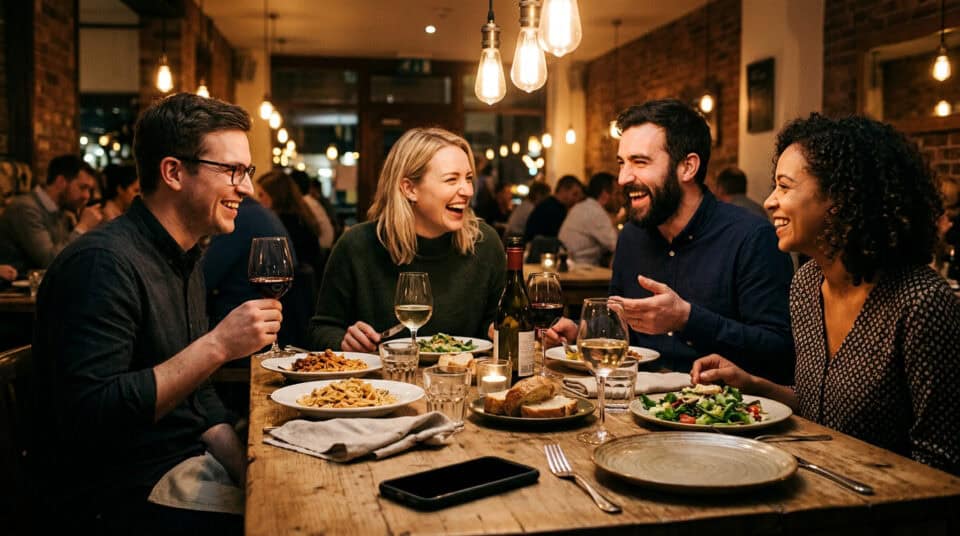 Relaxed friends enjoying dinner and laughter at a cozy restaurant, embodying how to let loose and have fun without alcohol. Perfect for tips on reducing stress and embracing joy in social settings.