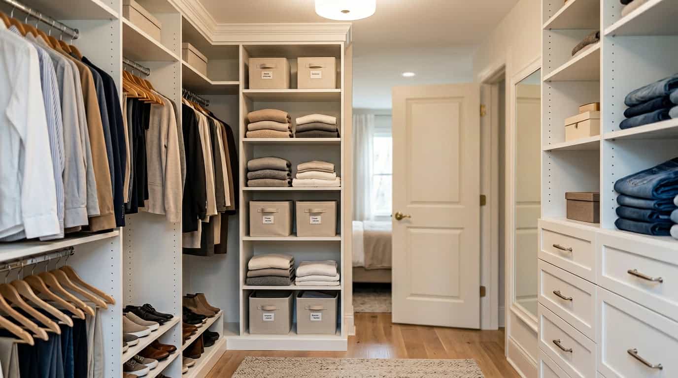 Closet organization with neatly arranged clothing, shoes, and storage boxes in a spacious walk-in closet. Perfect for maximizing space and maintaining a tidy, stylish wardrobe.