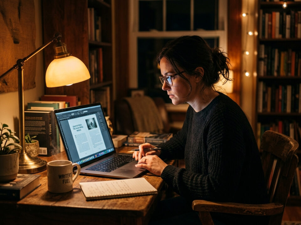 An image of a woman working on a laptop in a cozy, well-lit home office, reviewing a document on her screen. The scene emphasizes focus and professionalism in book formatting and editing.