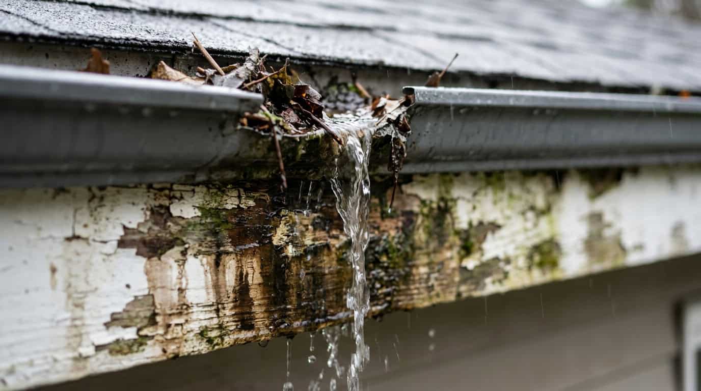 Rainwater overflowing from a blocked gutter onto decaying wooden fascia boards on a house exterior.