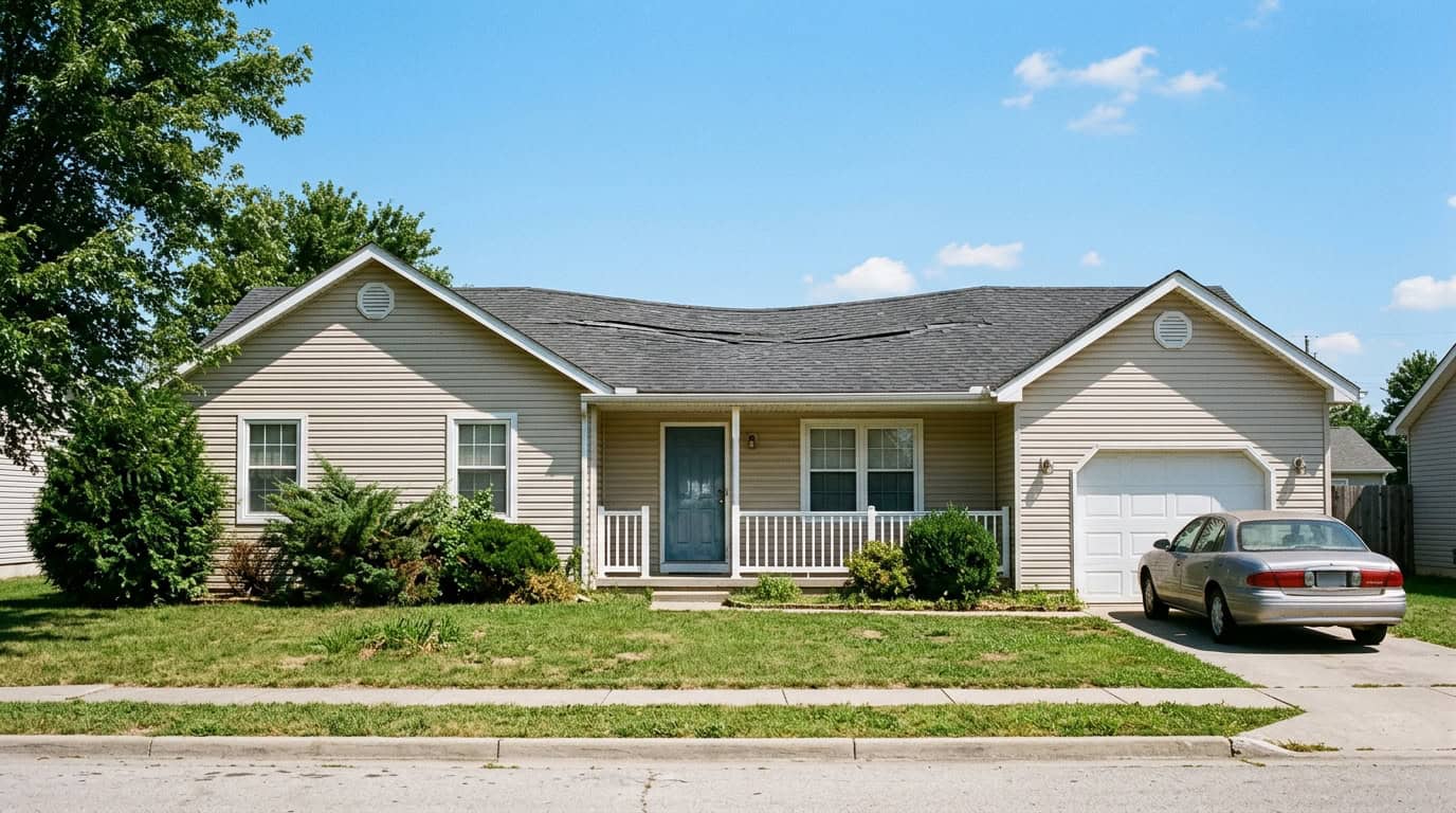 Suburban house showing a severe structural dip along the main overhead roofline against blue sky.