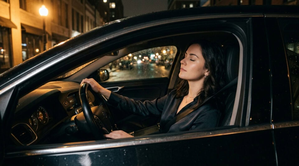 Relaxed woman enjoying a drive at night, sitting calmly in her car with eyes closed, embracing a stress-free moment in an urban setting.
