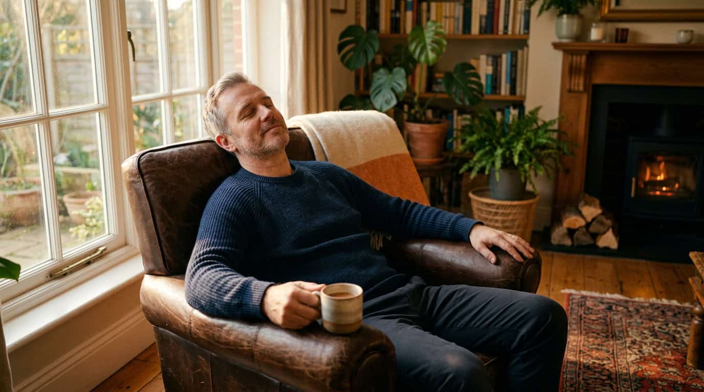 A man relaxing in a cozy living room, sitting in an armchair with a mug, near a fireplace with a warm fire, surrounded by houseplants and wooden furniture.
