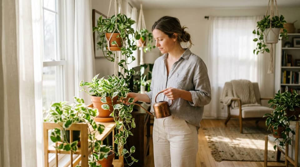 Woman watering indoor plants in a bright, cozy living room to promote relaxation and stress relief without alcohol.