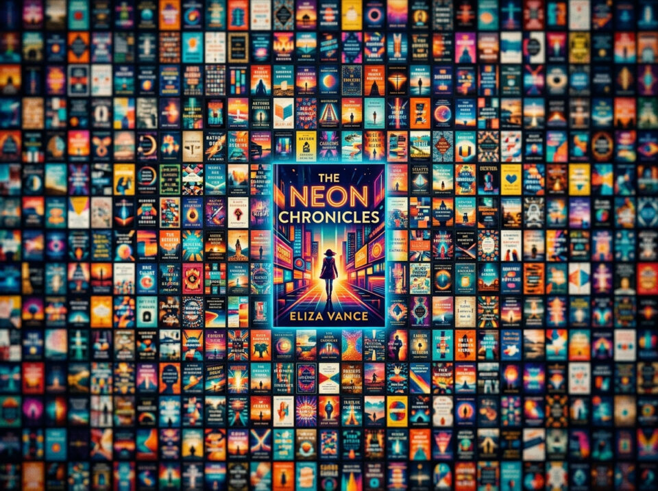 A vibrant, eye-catching image featuring the cover of "The Neon Chronicles" by Eliza Vance, set against a background of numerous small, illuminated icons representing technology, communication, and sto.