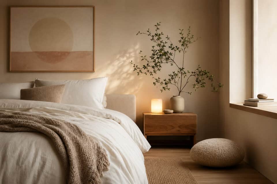 A serene bedroom featuring a neatly made bed with white linens, a wooden nightstand with a lit lamp, a potted plant, and minimalist artwork, creating a calm and inviting atmosphere.