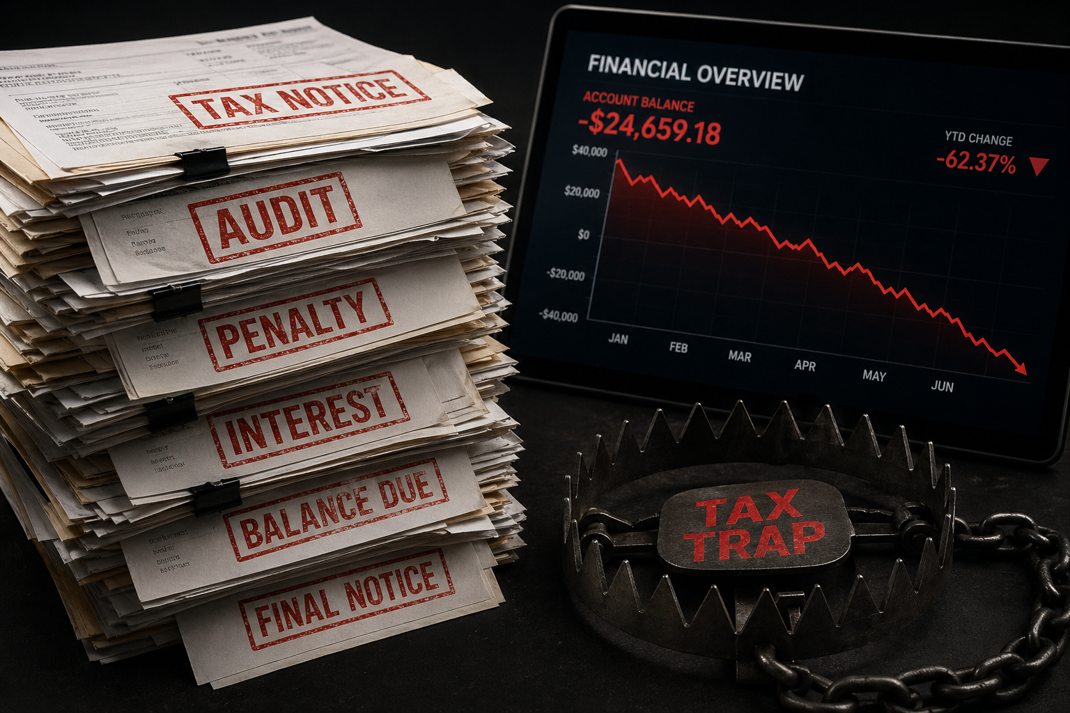Stacked tax notices and a financial overview screen showing a significant account balance decline, highlighting tax issues, penalties, and financial risks.