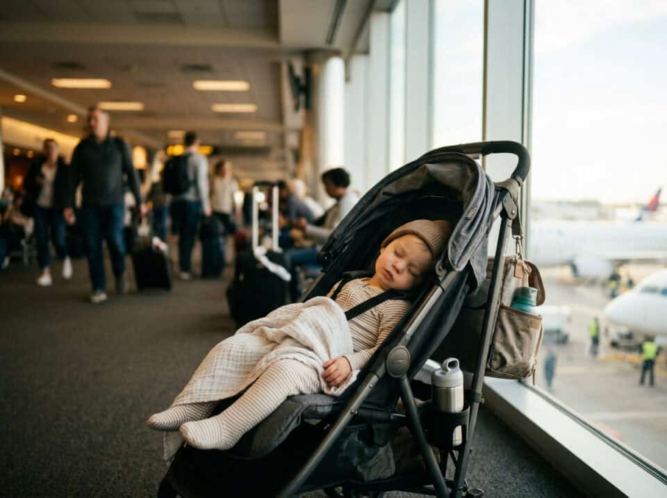 Child sleeping peacefully in stroller at airport terminal near large window, with travelers and airplanes in background, highlighting airport travel tips for parents.