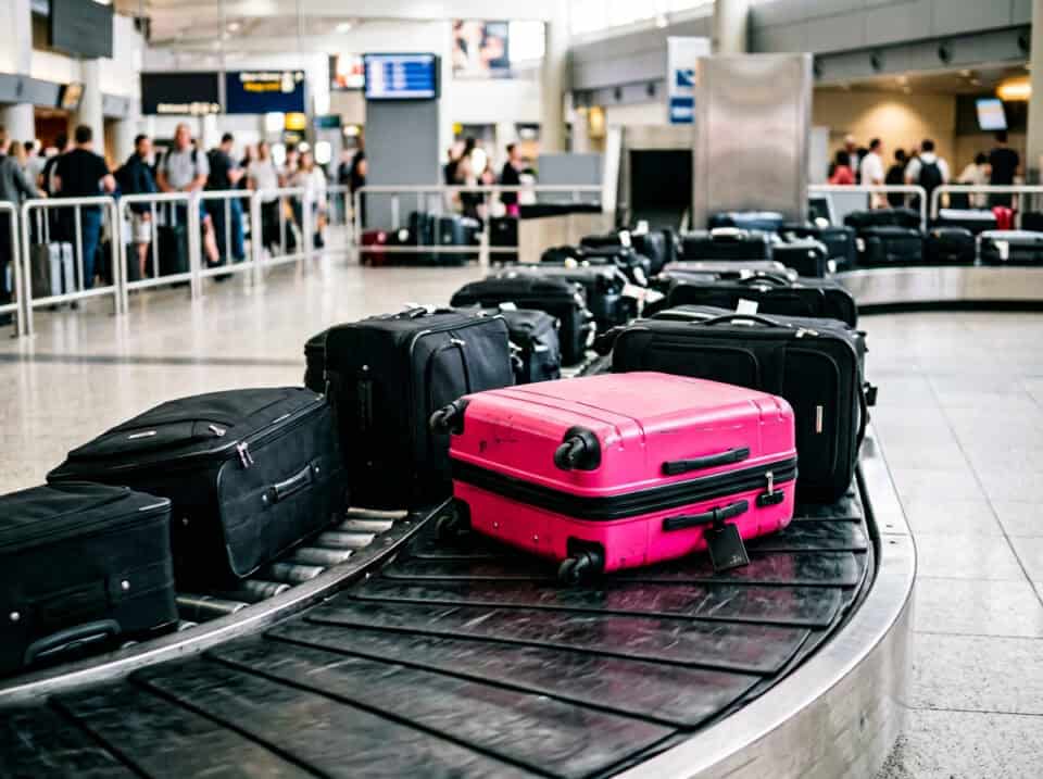 Travel luggage at airport baggage claim area with travelers in background.
