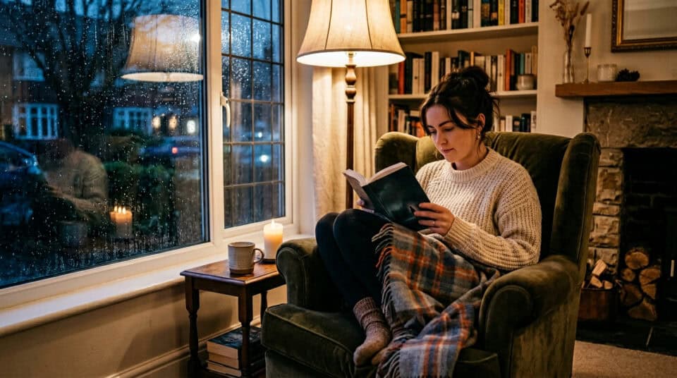 A woman relaxing with a book in a comfortable armchair by a rain-streaked window during evening, creating a peaceful atmosphere for unwinding and letting loose without alcohol.