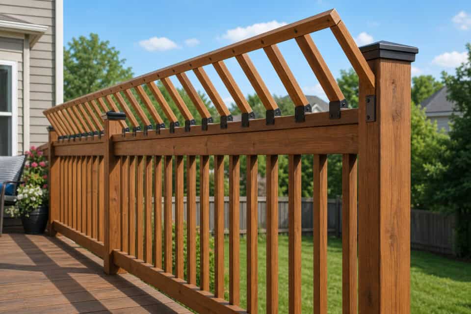 Childproofing Your Backyard: Engineering Against Escape Artists 4 A sturdy wooden deck railing with angled top slats, providing safety and aesthetic appeal to an outdoor space. Perfect for enhancing backyard decks, patios, or garden areas with durable, attractive wo.