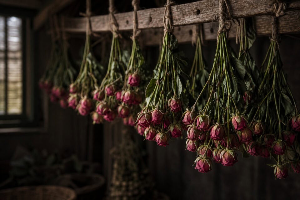 How to Preserve a Rose Bouquet: The Silica Gel Reality 5 Dried pink roses hanging upside down in a rustic, cozy setting, perfect for home decor or floral preservation.