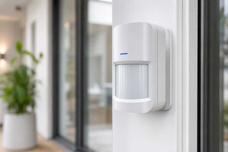 Childproofing Your Backyard: Engineering Against Escape Artists 2 Modern motion-activated outdoor security light mounted on a white wall near a glass door, providing enhanced home security and outdoor illumination.