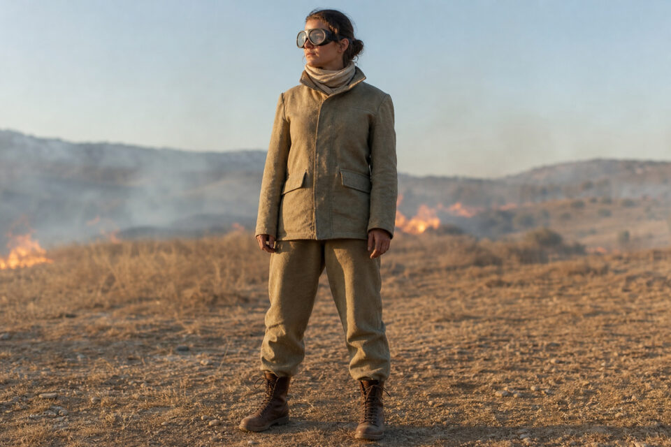 How to Survive a Wildfire: The 8-Times-Height Safety Rule 3 Woman standing in a desert landscape wearing protective gear, including goggles, a beige jacket, and pants, with a backdrop of smoke and fire, highlighting environmental or wildfire themes.
