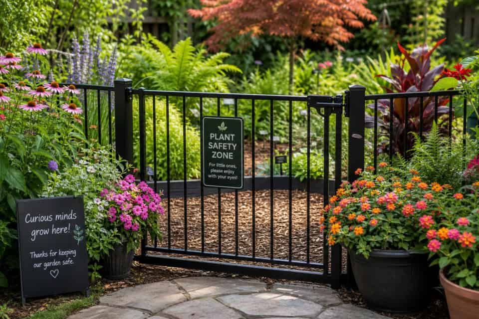 Childproofing Your Backyard: Engineering Against Escape Artists 5 Garden gate with a "Plant Safety Zone" sign, surrounded by colorful flowers and lush greenery, creating a safe and inviting outdoor space for plants and visitors.