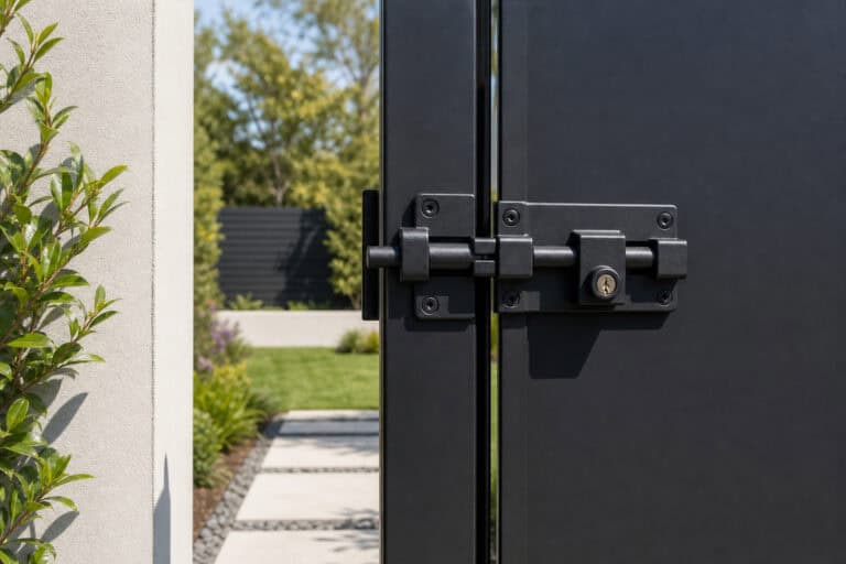 Gate latch and lock mechanism, outdoor black metal gate, garden pathway, modern security hardware, outdoor fencing, garden design, Tidbits of Experience.