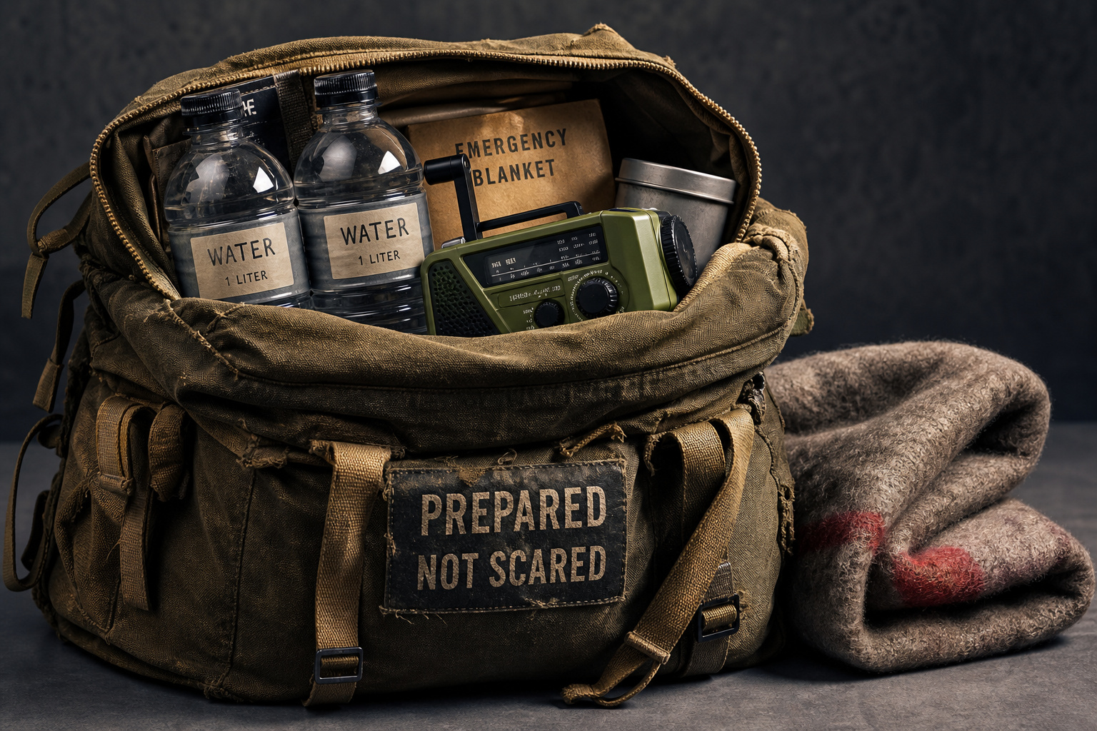 How to Survive a Wildfire: The 8-Times-Height Safety Rule 1 Emergency preparedness kit with water bottles, blanket, radio, and supplies for outdoor survival and emergency situations.