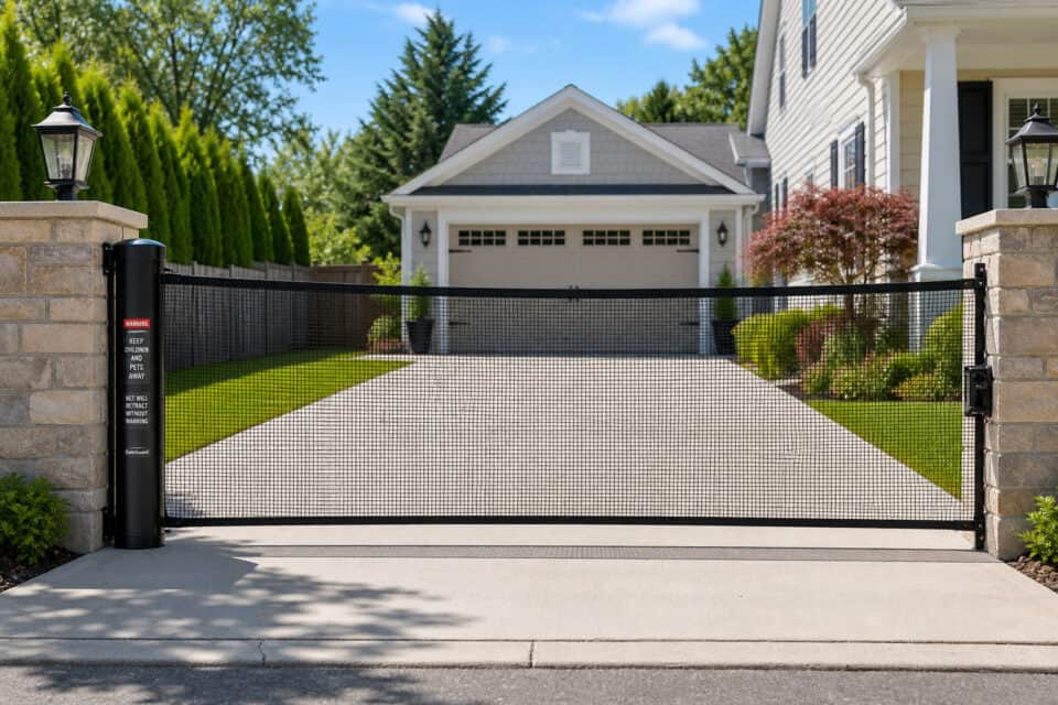 Childproofing Your Backyard: Engineering Against Escape Artists 3 Secure black mesh retractable driveway gate in front of a modern suburban house with a garage, surrounded by lush greenery and well-maintained landscaping.