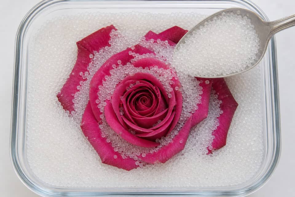 How to Preserve a Rose Bouquet: The Silica Gel Reality 2 Close-up of a pink rose submerged in sugar water with a spoonful of sugar, highlighting floral preservation and sugar infusion techniques.