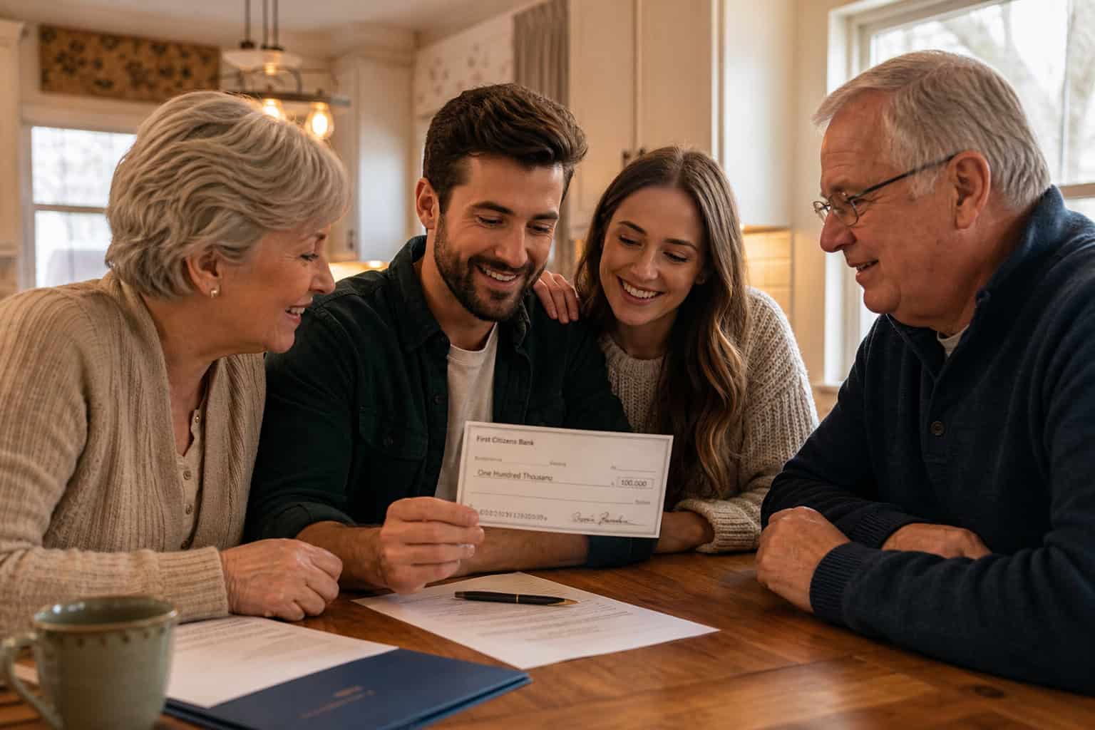 What Is the 30/30/3 Rule for Home Buying? Two Frameworks Explained With Real Examples 10 Family receiving a check from a financial advisor in a cozy home setting, symbolizing financial support and planning.