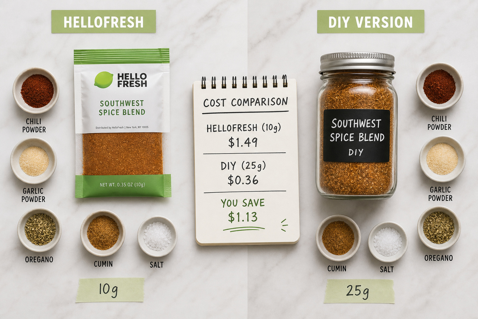 Side by side comparison of a bought HelloFresh spice packet and a DIY jar with a cost notepad